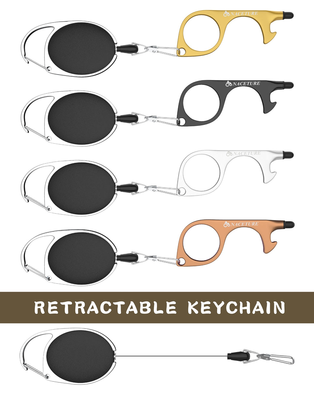 No Touch Door Opener Tool, Pack of 4 with Retractable Keychain